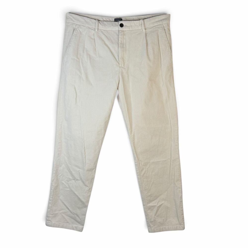 Mens Pleated Corduroy Pants Trousers Regular Fit Stretch Cream Off White Size 36
